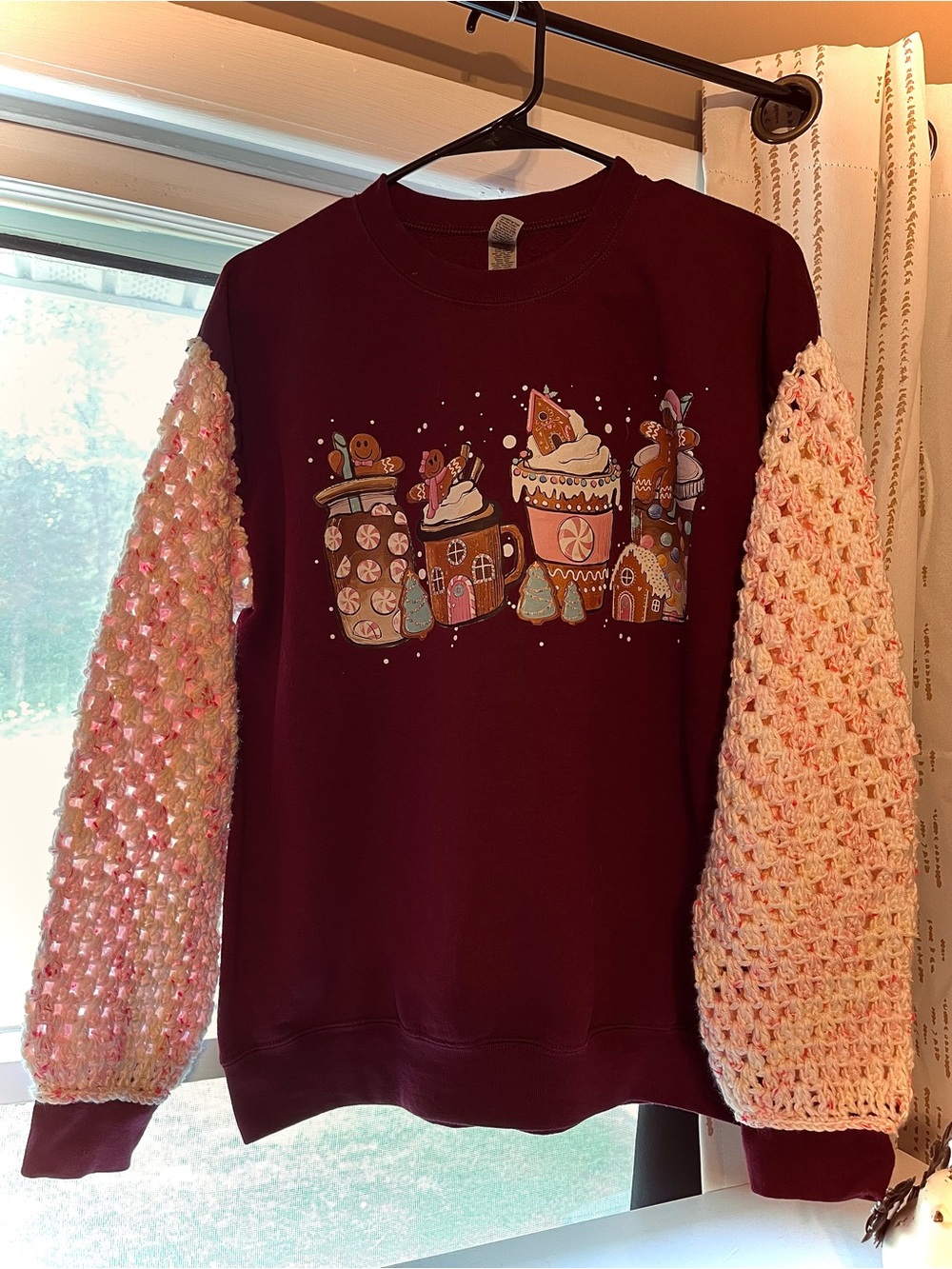 Maroon Holiday Sweatshirt with Pink Crochet Puff Sleeves
